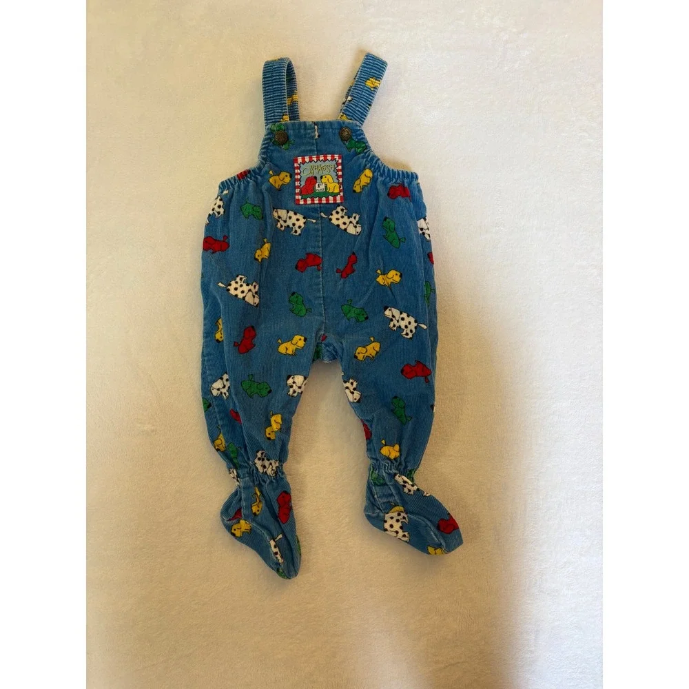 Vintage OshKosh Bgosh Kennel Klub Blue Corduroy Dog Print Footed Overalls 3-6M